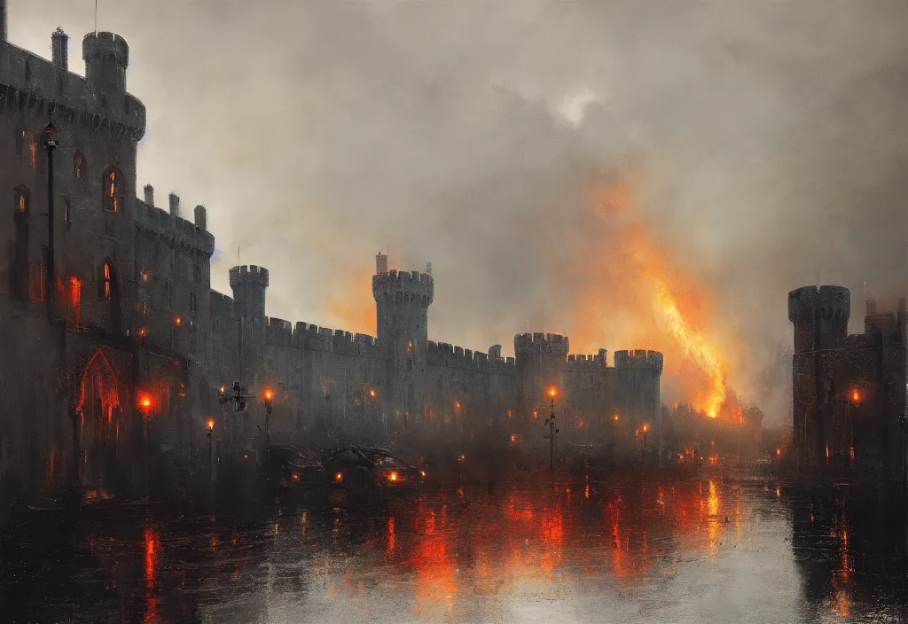 Image similar to windsor castle on fire, artstation, jakub rozalski, high detail, dramatic lighting, night, rain