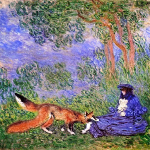 Prompt: Fox ornate playing in the woodlands by Claude monet