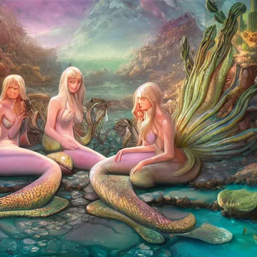 Image similar to a group of mermaids lounging around a desert oasis, drinking nectar, by artgerm and wlop and scott fischer and seb mckinnon, digital art, highly detailed, wide shot, intricate, fantasy, mystical, sharp focus, Trending on Artstation HQ, deviantart, unreal engine 5, 4K UHD image