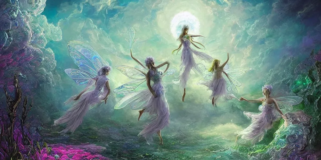 Image similar to concept art of translucent glowing fairies dancing, lovecraftian, renaissance, melting, round moon, rich clouds, moon rocks, large alien flowers, very detailed, volumetric light, mist, fine art, textured oil over canvas, epic fantasy art, very colorful, ornate intricate shiny scales, fractal gems