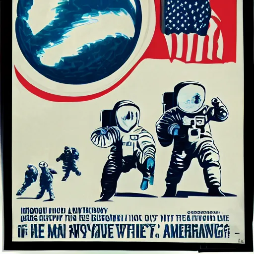 Prompt: americanized propaganda poster, moon landing