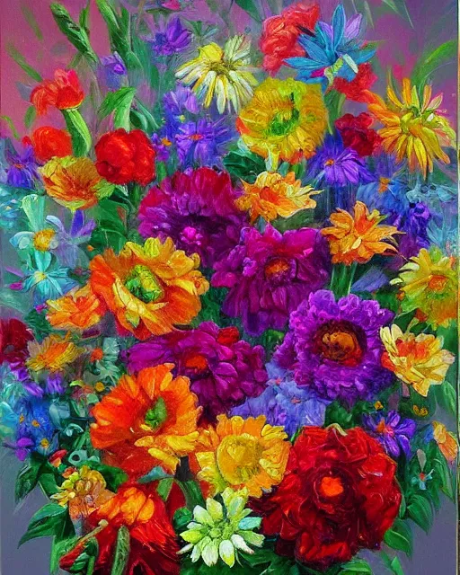 Image similar to oil on canvas illustration of the most beautiful bouquet of flowers, colorful, artstation, deviantart, pinterest, 5 0 0 pc