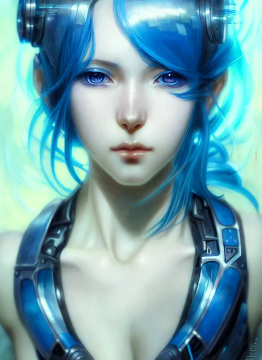 Image similar to beautiful anime cyborg woman, blue hair, blue light, diffuse lighting, fantasy, intricate, elegant, highly detailed, lifelike, photorealistic, digital painting, artstation, illustration, concept art, smooth, sharp focus, art by John Collier and Albert Aublet and Krenz Cushart and Artem Demura and Alphonse Mucha