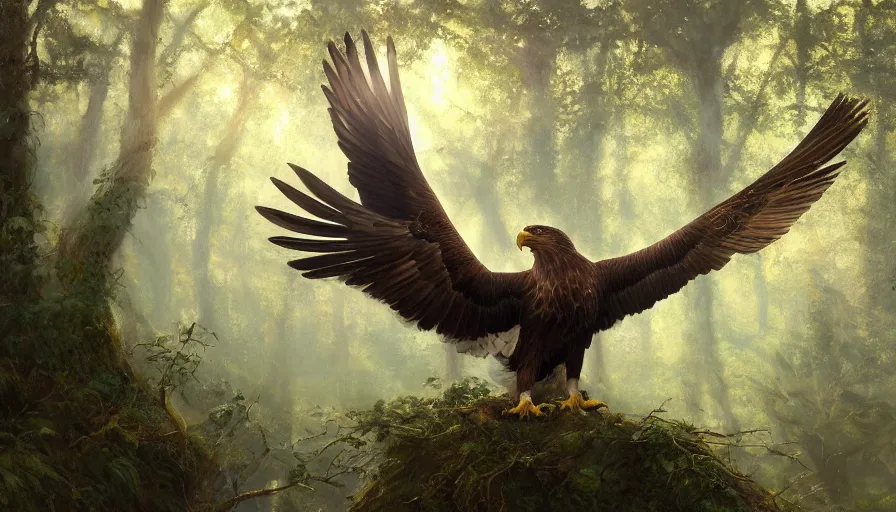 Prompt: A beautiful detailed painting of an eagle with a lion body in a magical forest, ray traced sun light, by john sargent and Kalin Popov , Trending on artstation HD.