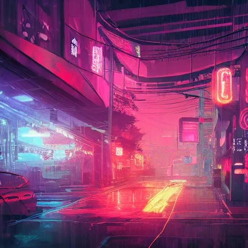 Image similar to a detailed matte painting of a neon cat under a black light with red led eyes, the cat is in a intricately detailed neo neon cyberpunk Japanese city, the angel of death with a halo, colorful background not limited to children, by Ismail Inceoglu , concept art, featured on cgsociety