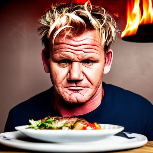 Image similar to a hyper realistic photograph of gordon ramsay crying over a plate of steak. dim red and blue lighting, strong shadows, award winning magazine photo