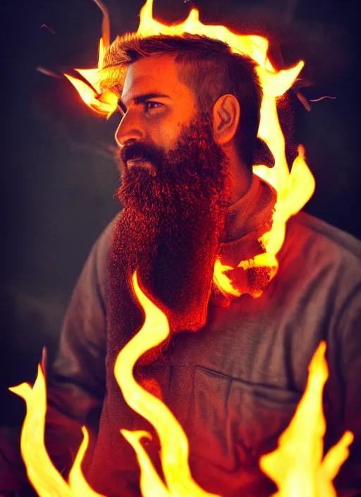 Image similar to Fire man with fire hair and fire beard, volcano, flames, ice, light atmosphere, cinematic shot, intricate, ornate, photorealistic, ultra detailed, realistic, 100mm, photography, octane, high definition, depth of field, bokeh, 8k, artstation