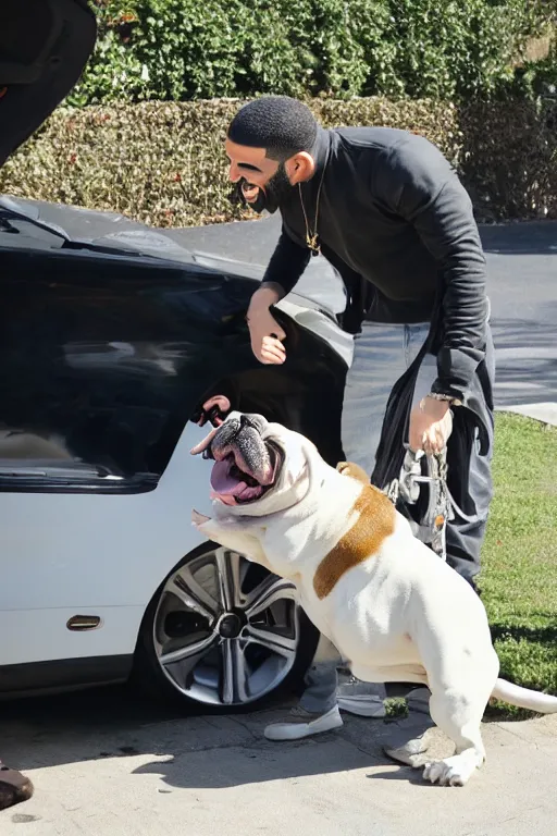 Image similar to drake laughing at an english bulldog peeing on his car