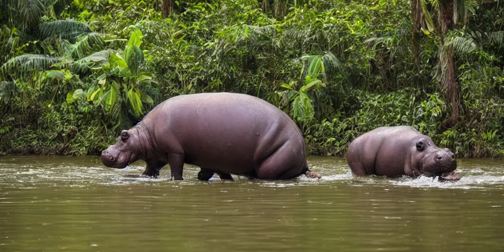 Prompt: a hippo with large wings in a river in the jungle. extremely high fidelity, ominous natural lighting