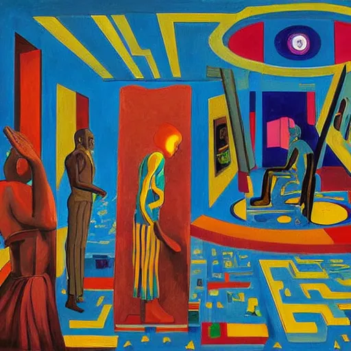 Prompt: A painting. A rip in spacetime. Did this device in her hand open a portal to another dimension or reality?! Mesoamerican, neo-expressionism by Jacob Lawrence, by Iain Faulkner forbidding, vivid