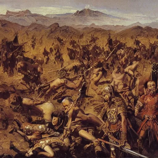 Image similar to an oil painting of a desert ground covered with some bodies of medieval soldiers, wide shot, by Frank Frazetta, by Gustave Moreau, by Georgia O Keeffe