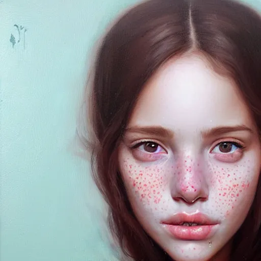 Prompt: Facial portrait of a pretty young girl, looking at the camera, slight awkward smile, lips slightly parted, some light freckles, no hands visible, extremely detailed painting by Greg Rutkowski and by Steve Henderson and by Harumi Hironaka