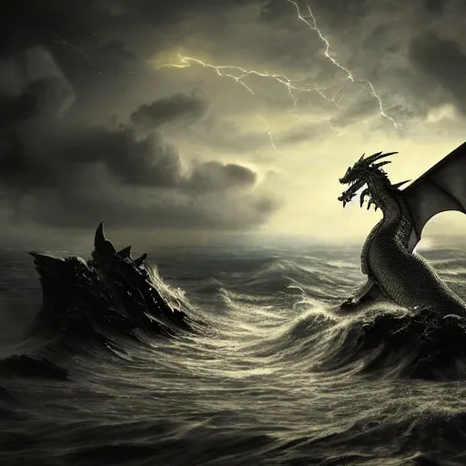 Image similar to a dragon with three heads emerging from the ocean during a storm, dramatic lighting, cinematic, high coherence, hyperrealistic, anatomically correct, path traced, highly detailed, high quality, 8 k hdr, octane render, unreal engine 5, trending on artstation, epic image, turbulent sea, concept art, digital art