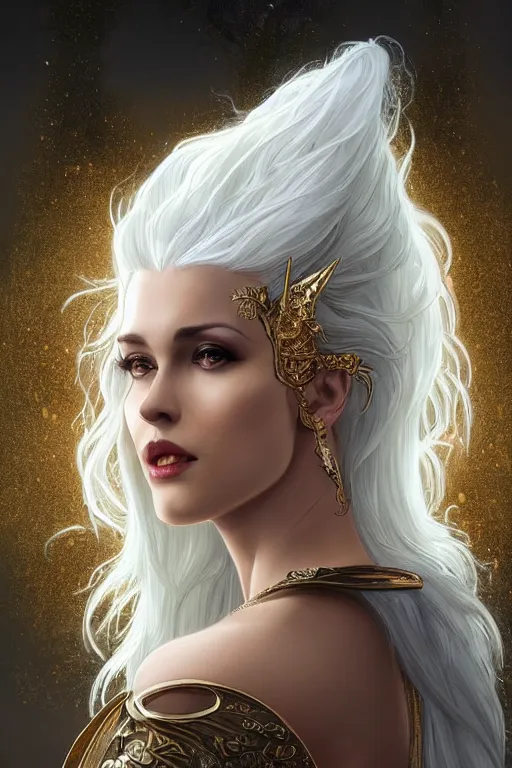 Image similar to fullbody!! of a beautiful woman with white hair, pointy ears, big natural horns on her head, long flowing intricate dress, gold jewellery, dnd, face, fantasy, intricate, elegant, highly detailed, digital painting, artstation, concept art, smooth, sharp focus, illustration, art by artgerm and greg rutkowski and alphonse mucha