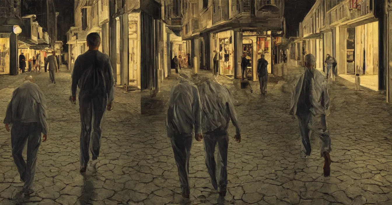 Prompt: high quality high detail painting of todd solondz walking with a friend in an empty tel aviv street, night, by lucian freud and gregory crewdson, hd, photorealistic lighting