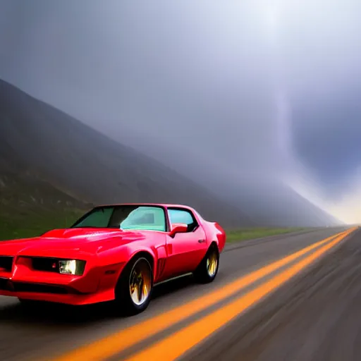 Image similar to pontiac firebird trans - am driving towards the camera, norway mountains, cinematic, volumetric lighting, foggy, wide shot, low angle, large lightning storm, thunder storm, tornado