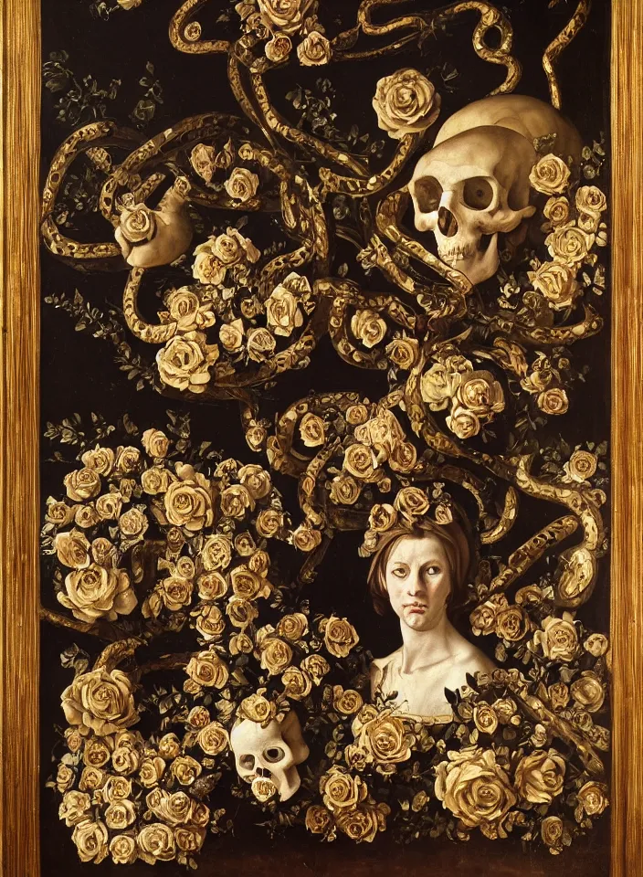 Prompt: portrait of hall of ossuary with a marble skulls with a wreath of gold roses and a dress of gold rose petals and snakes, oil painting in a renaissance style , very detailed, painted by Caravaggio.