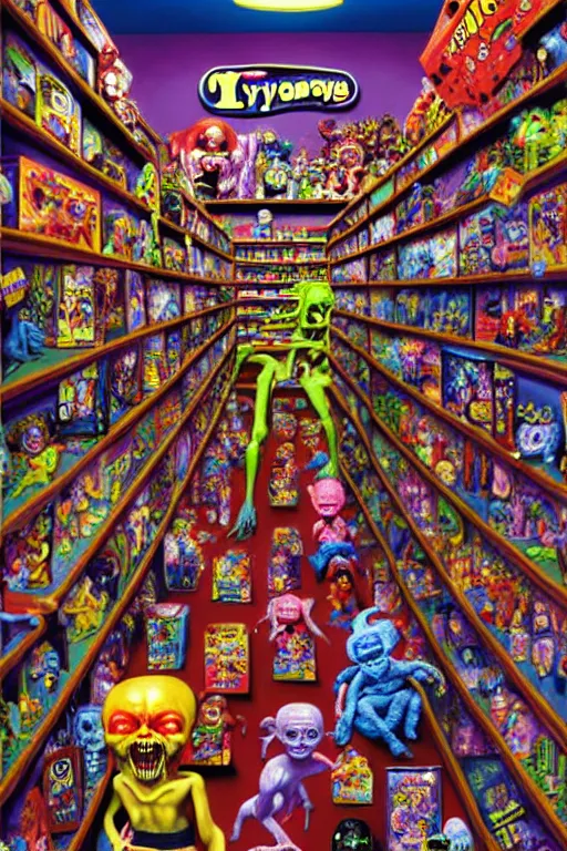 Image similar to a hyperrealistic painting of a toy store full of evil possessed toys retail horror, cinematic horror by chris cunningham, lisa frank, richard corben, highly detailed, vivid color,