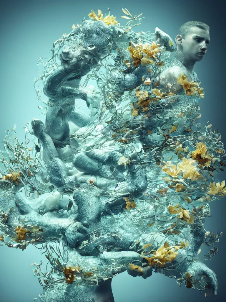 Image similar to a sculpture of fish ocean intertwined, led lighting, a lovely cornucopia of flowers and human body parts, body parts, highly detailed, octane render, cinematic, shock, sharp focus, ball, an independent psycho, clean, studio lighting