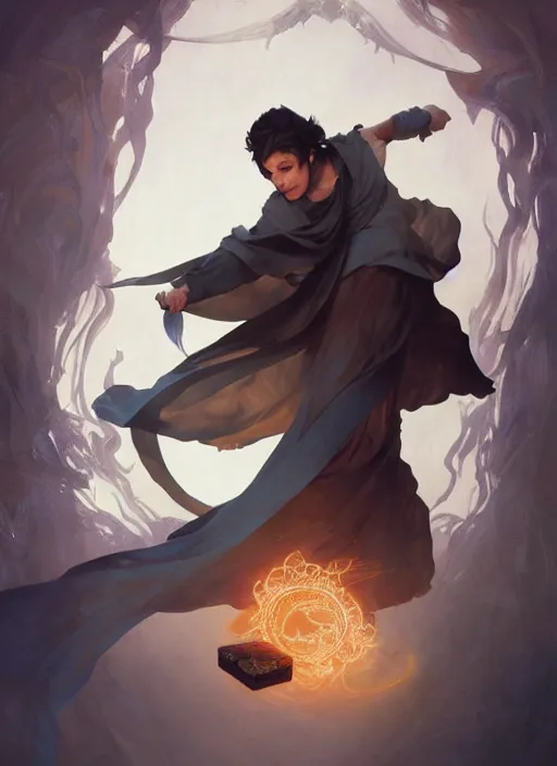 Image similar to character concept portrait of an attractive young Spanish wizard with tan skin conjuring a destruction spell, a floating iridescent spell book in the center, intricate, elegant, digital painting, concept art, smooth, sharp focus, illustration, from Metal Gear, by Ruan Jia and Mandy Jurgens and William-Adolphe Bouguereau, Artgerm