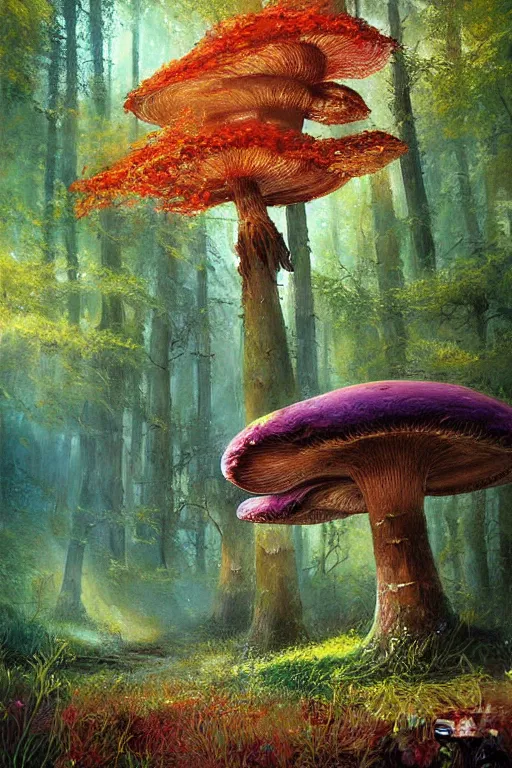 Prompt: digital painting detailed forest tree magical forest flowers mushrooms painted by John Harris