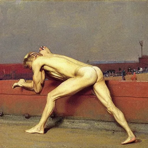 Prompt: a handsome blonde haired track star stretching before his race. By Ilya Repin and Robert Fawcett. Masterpiece