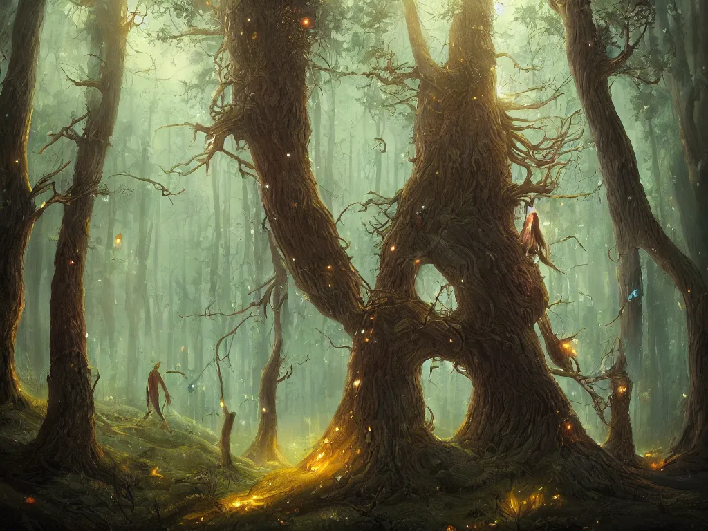 Prompt: Whimsical beautiful painting of a huge Ent standing in a glowing magical forest full of fireflies, cgsociety, trending on artstation