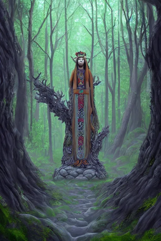 Image similar to gaelic forest spirit, qirin, god, deity, serene, wide angle, super highly detailed, professional digital painting, artstation, concept art, smooth, sharp focus, no blur, no dof, extreme illustration, Unreal Engine 5, Photorealism, HD quality, 8k resolution, cinema 4d, 3D, beautiful, cinematic, art by artgerm and greg rutkowski and alphonse mucha and loish and WLOP