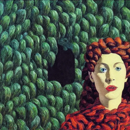 Image similar to portrait of an artist in her apartment, wrapped in vines, stones, black walls, puddles, moss, acrylic on canvas, by magritte and monet