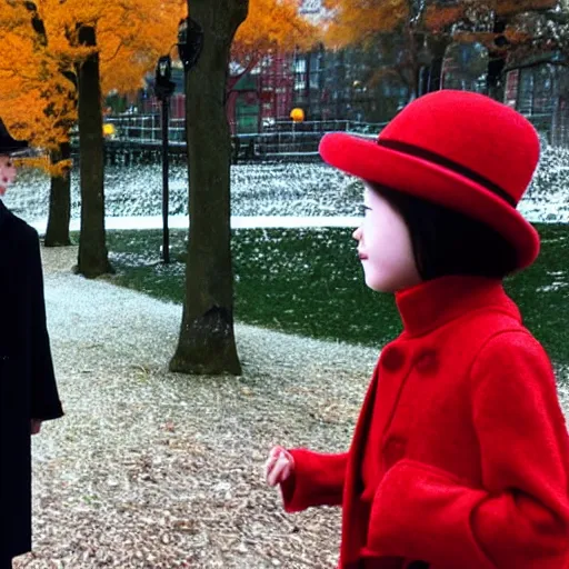 Prompt: a thin man in a black coat and bowler hat talks with small young girl who is dressed in a red coat and a red hat, park, autumn, 1923, wide angle, high detail, By Makoto Shinkai, Stanley Artgerm Lau, WLOP, Rossdraws, James Jean, Andrei Riabovitchev, Marc Simonetti, krenz cushart, Sakimichan, D&D trending on ArtStation, digital art, width 768