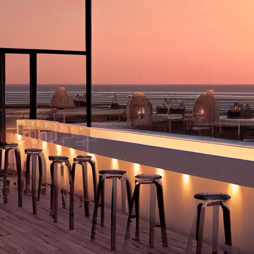 Image similar to rooftop bar overlooking beach in the style of Antoni Guadi, in the style of Mies van der rohe, photograph in style of Julius Shurman, warm light glowing, relaxing, dusk, cinematic lighting, trending on artstation