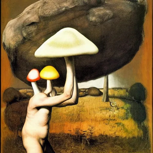 Image similar to man fungal ears Mushroom Cretin the Hermit camouflaged as a toadstool wearing a black shirt odd nerdrum robert rauschenberg nelson shanks giorgio de chirico