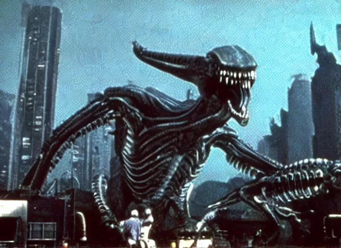 Image similar to Giant xenomorph attacking a city in a still from the movie Destroy All Monsters (1968), high quality