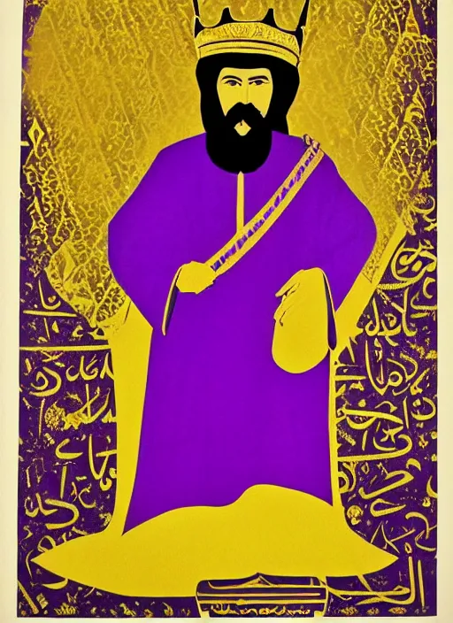 Prompt: Polish posters for Arabic king with long beard wearing purple robes, king's crown, and golden scepter. Screen printed, silkscreen, paper texture. 1968