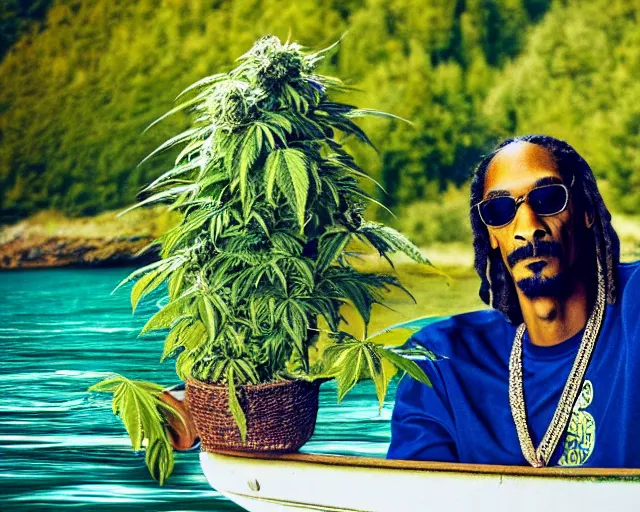 Prompt: photograph of Snoop Dogg sitting in a fishing boat on a river and holding a huge cannabis plant, highly detailed, close up shot, 4k, hd
