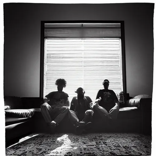 Image similar to gang members chilling around dirty couch in a beige room smoking thick volumetric dust god rays shines through the blinds kinda atmosphere jonathan zawada style photography