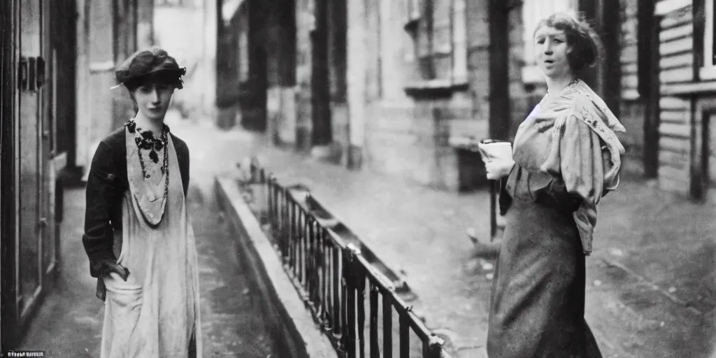 Prompt: dream a young red haired woman with freckles looks deeply into the camera, 1920's london street, 100, 50mm, art nouveau, f4.0, style of Joel Meyerowitz, gustav klimpt