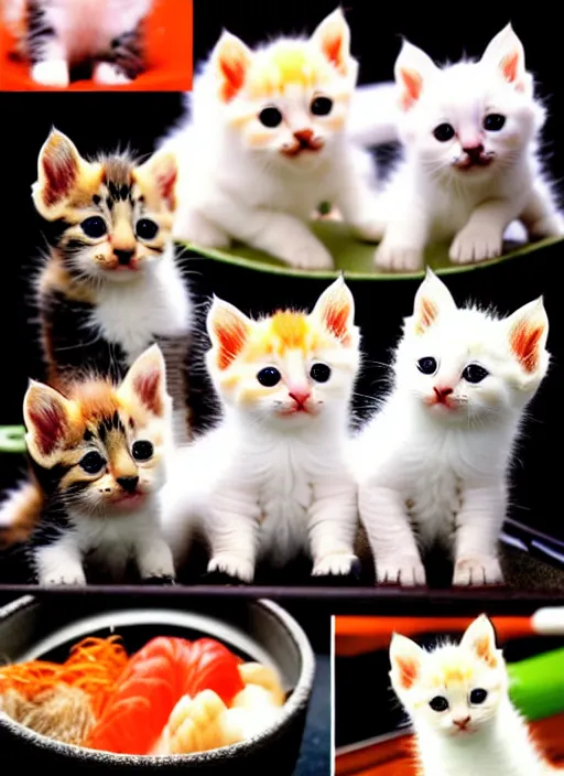 Prompt: clear photorealistic picture of adorable kittens made out of sushi