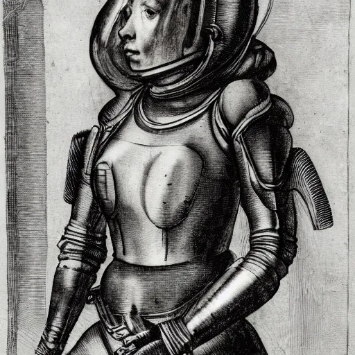 Prompt: engraving of a portrait of scarlet johansson in futuristic spacesuit on motor skateboard by albrecht durer