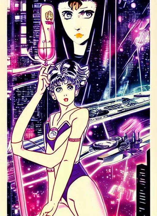 Image similar to illustration of sailor moon in the world of blade runner 1 9 8 2, poster in 8 0 s style, joao ruas style