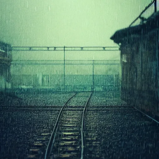 Prompt: 1990s perfect 8K HD professional cinematic photo of a train in dystopian world, at evening during rain, at instagram, Behance, Adobe Lightroom, with instagram filters, depth of field, taken with polaroid kodak portra