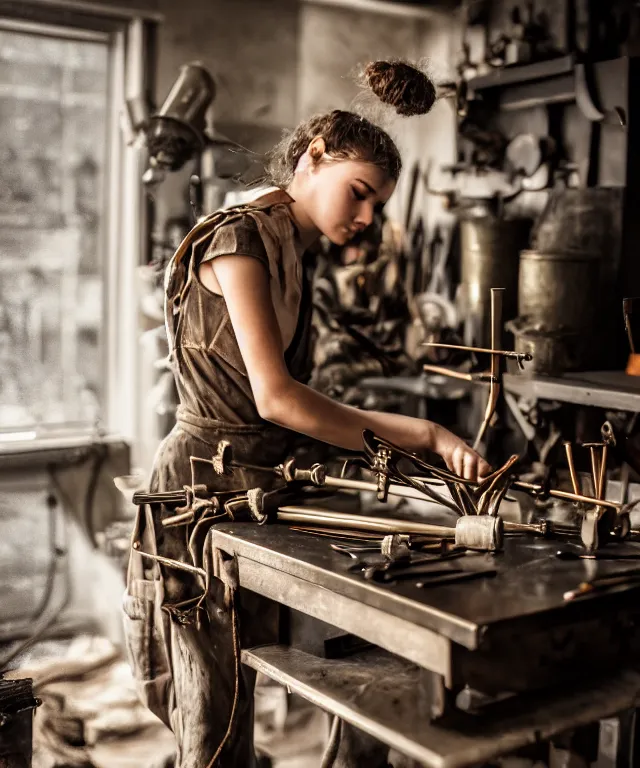 Image similar to A beautiful girl makes bronze gear on a workbench, 50mm photo, soft light, highly detailed, motion blur, trending on artstation