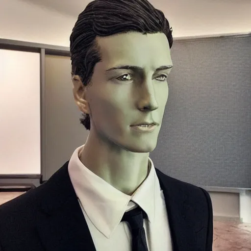 Image similar to “a realistic detailed photo of a guy who is an attractive humanoid who is half robot and half humanoid, who is a male android, News reporter Anthony Conn, shiny skin, posing like a statue, blank stare, reporting the news, on display, sparks coming out of his neck”