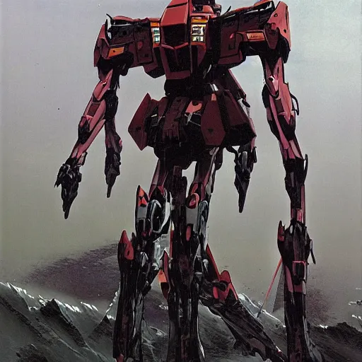 Image similar to a sleek, futuristic evangelion mecha, defending the vast looming city, designed by hideaki anno, drawn by tsutomu nihei, and painted by zdzislaw beksinski