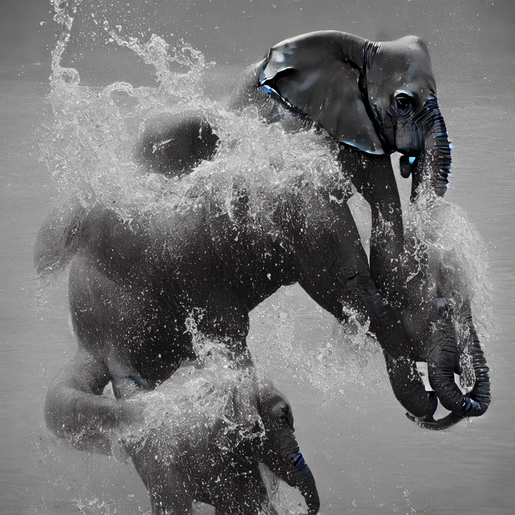 Image similar to “a black and white photo of an elephant splashing water by Maties Palau Ferré, featured on flickr, arabesque, national geographic photo, ilford hp5, majestic”