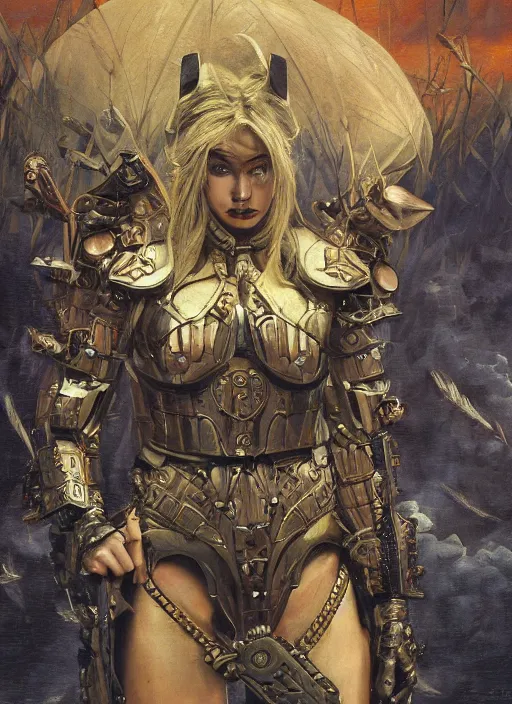 Image similar to symmetry! closeup biblical diabolical beautiful female valkyree! samurai cyborg!! slick wooden armor, heavy eyes to the side, closeup, bright glowing eyes, in clouds, rain, sunset, portrait, by gerald brom, by mikhail vrubel, by peter elson, muted colors, extreme detail, mirrors, trending on artstation, 8 k