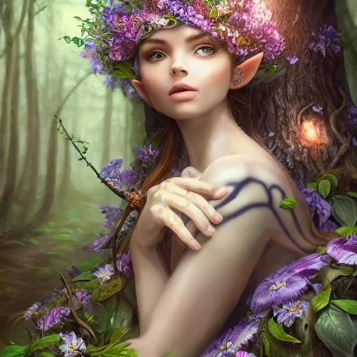 Prompt: a picture of a forest elf clothed in flowers and leaves standing on a stone in an enchanted forest, high fantasy, elegant, epic, detailed, intricate, digital painting, concept art, realistic detailed face, smooth, focus, rim light, detailed 8 5 mm f / 1. 4