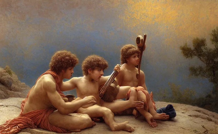 Image similar to the great greek warrior plays the lyre, young boy listens him, the edge of the universe from the book of the long sun by gene wolfe, by gustave dore, highly detailed painting by gaston bussiere and j. c. leyendecker and william adolphe bouguereau and fra angelico and octane render, musee d'orsay 8 k