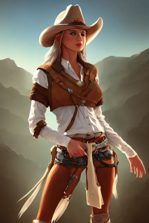 Image similar to full body, female cowgirl, perfect face, white blouse, holster, 8 k, magic the gathering, desert, d & d, artstation, high detail, smooth, sweaty