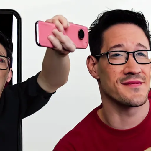 Prompt: Markiplier taking a selfie with Eminem, photorealistic, shot on iphone, realistic lighting, ultra high detail,